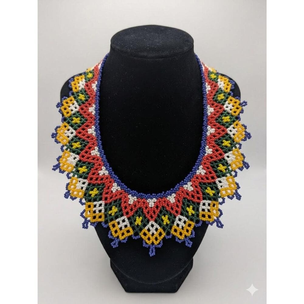 Vintage Indigenous Beaded Collar Necklace Vibrant Geometric Seed Bead